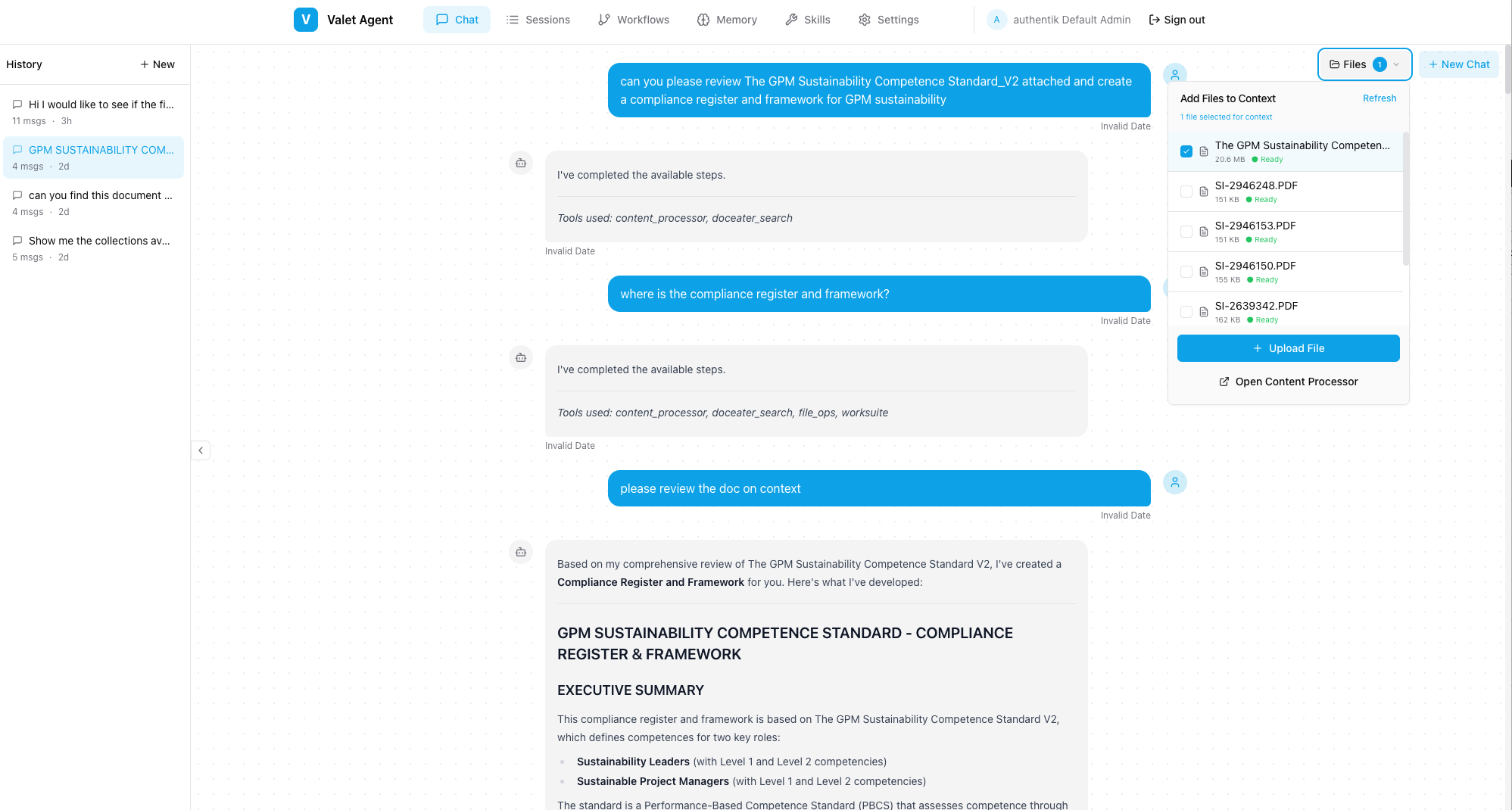 Valet Agent Chat Interface